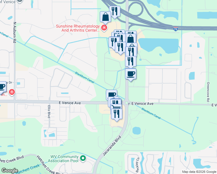 map of restaurants, bars, coffee shops, grocery stores, and more near 170 Grand Oak Circle in Venice