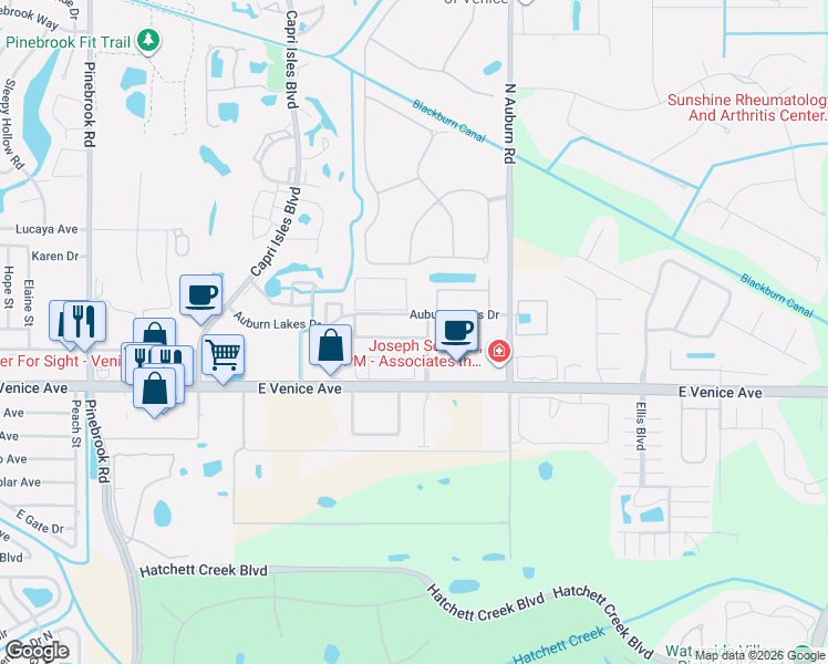 map of restaurants, bars, coffee shops, grocery stores, and more near 2401 Auburn Lakes Circle in Venice