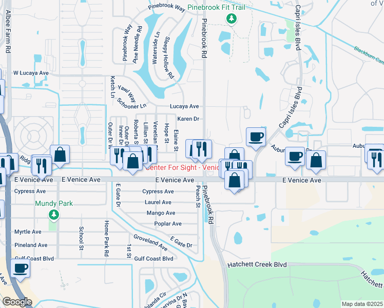 map of restaurants, bars, coffee shops, grocery stores, and more near 1020 Elaine Street in Venice