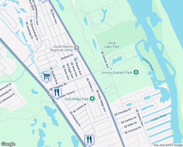 map of restaurants, bars, coffee shops, grocery stores, and more near Old Dixie Hwy & SE Osprey St in Hobe Sound