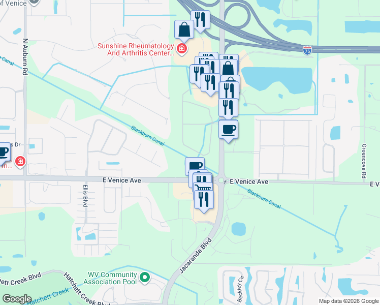map of restaurants, bars, coffee shops, grocery stores, and more near 174 Grand Oak Circle in Venice