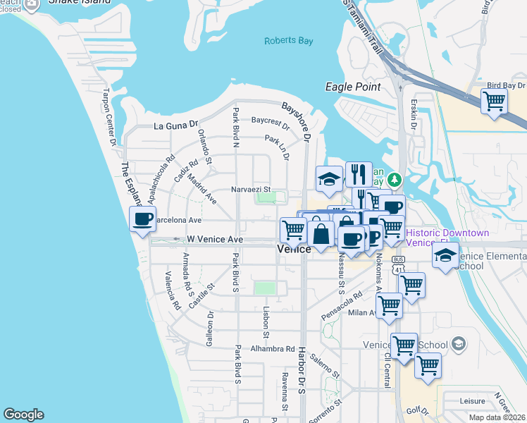 map of restaurants, bars, coffee shops, grocery stores, and more near 505 Manatee Court in Venice