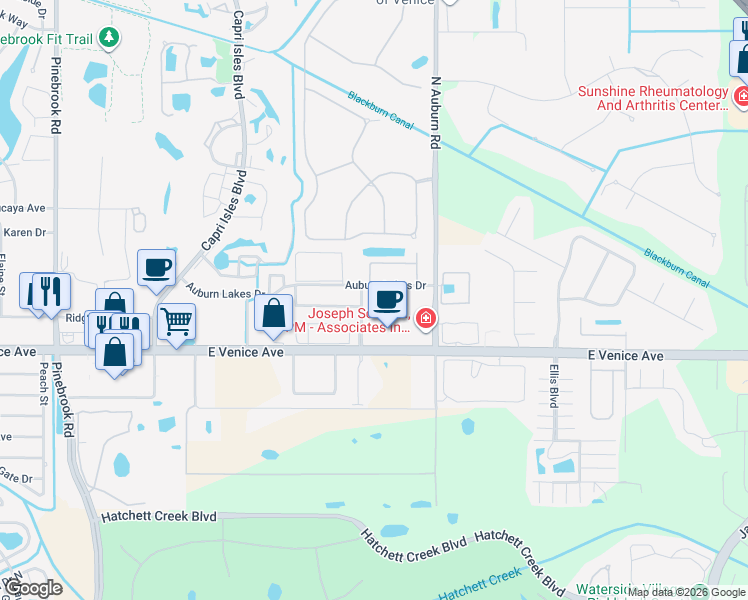 map of restaurants, bars, coffee shops, grocery stores, and more near 2401 Auburn Lakes Circle in Venice
