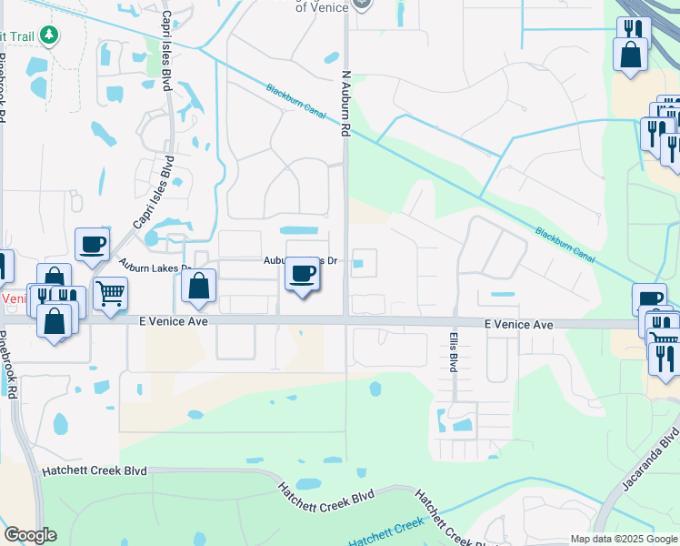 map of restaurants, bars, coffee shops, grocery stores, and more near 23 North Auburn Road in Venice
