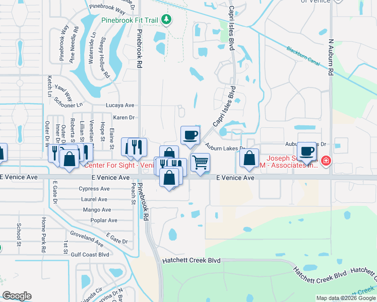 map of restaurants, bars, coffee shops, grocery stores, and more near 101 Capri Isles Boulevard in Venice
