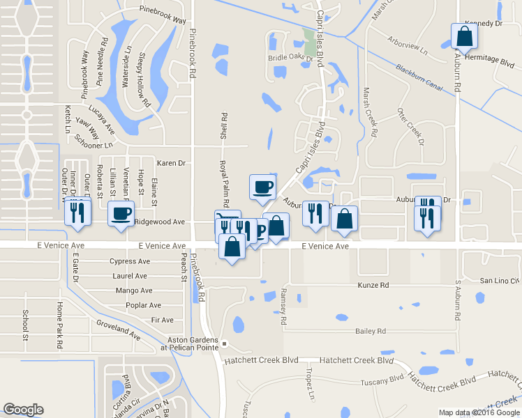 map of restaurants, bars, coffee shops, grocery stores, and more near 101 Capri Isles Boulevard in Venice