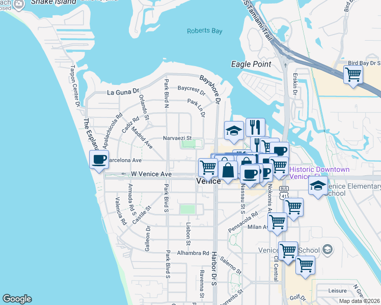 map of restaurants, bars, coffee shops, grocery stores, and more near 505 Manatee Court in Venice