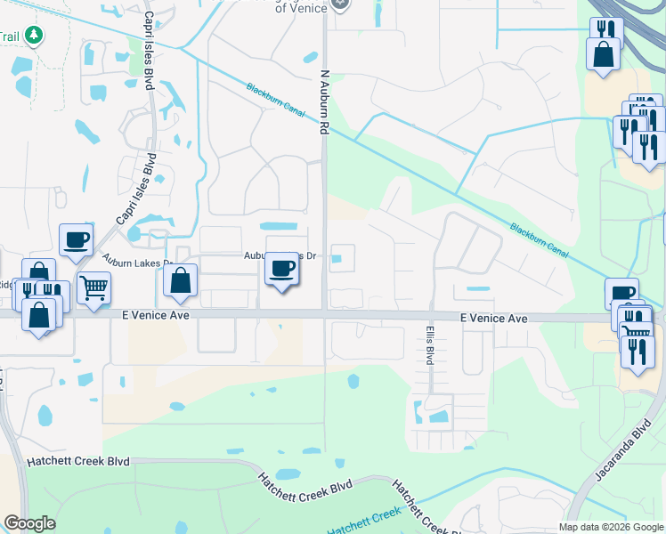 map of restaurants, bars, coffee shops, grocery stores, and more near 23 North Auburn Road in Venice