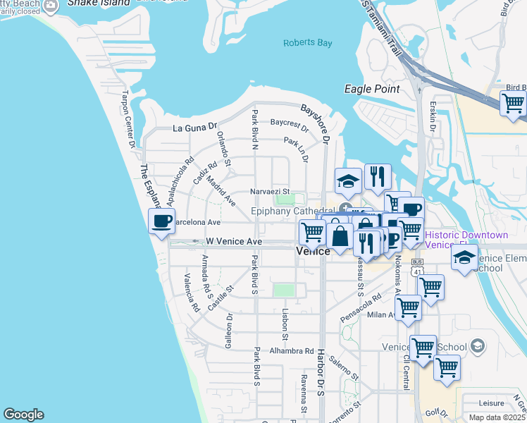 map of restaurants, bars, coffee shops, grocery stores, and more near 525 Manatee Court in Venice