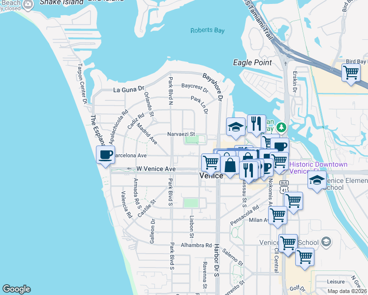 map of restaurants, bars, coffee shops, grocery stores, and more near 525 Manatee Court in Venice