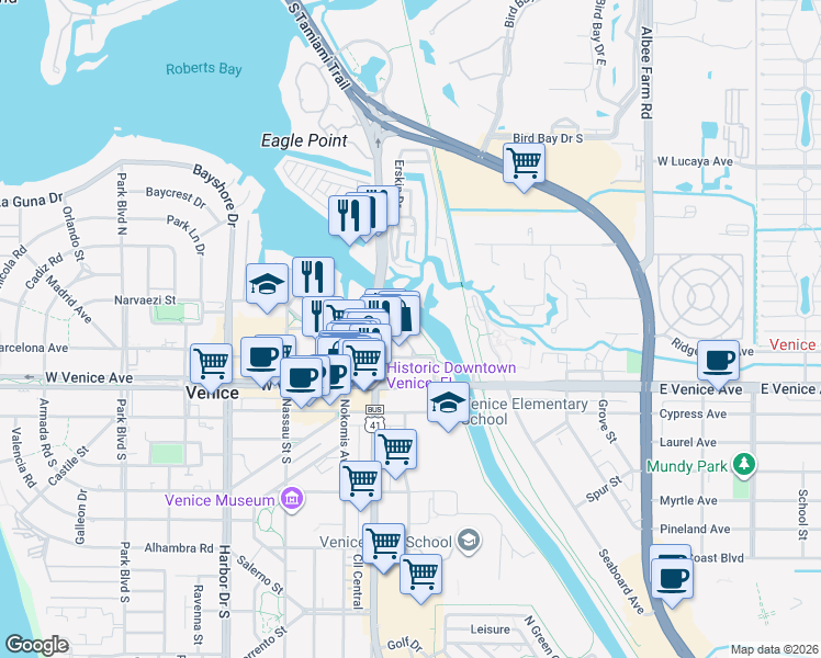 map of restaurants, bars, coffee shops, grocery stores, and more near 147 Tampa Avenue East in Venice