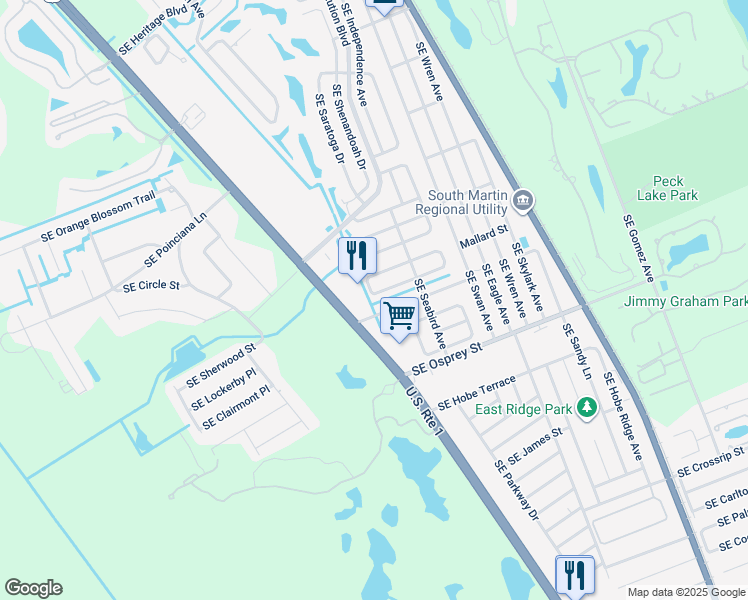 map of restaurants, bars, coffee shops, grocery stores, and more near 7132 Southeast Bluebird Circle in Hobe Sound