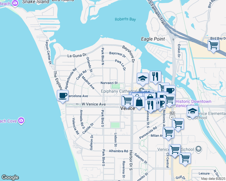 map of restaurants, bars, coffee shops, grocery stores, and more near 517A Manatee Court in Venice
