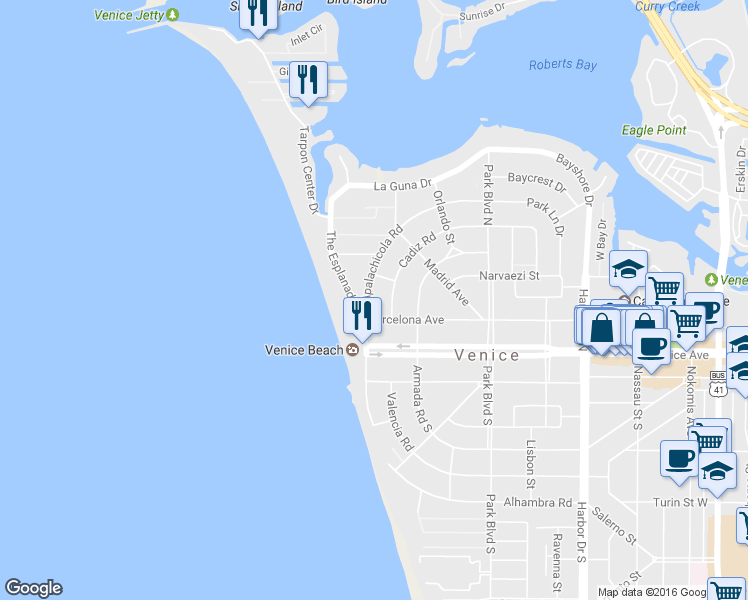 map of restaurants, bars, coffee shops, grocery stores, and more near 733 Apalachicola Road in Venice
