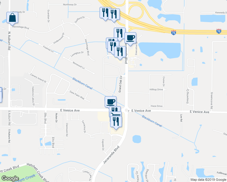 map of restaurants, bars, coffee shops, grocery stores, and more near 177 Grand Oak Circle in Venice