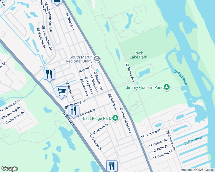 map of restaurants, bars, coffee shops, grocery stores, and more near 8393 Southeast Sandy Lane in Hobe Sound