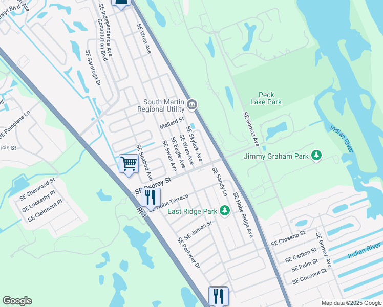 map of restaurants, bars, coffee shops, grocery stores, and more near 8395 Southeast Wren Avenue in Hobe Sound