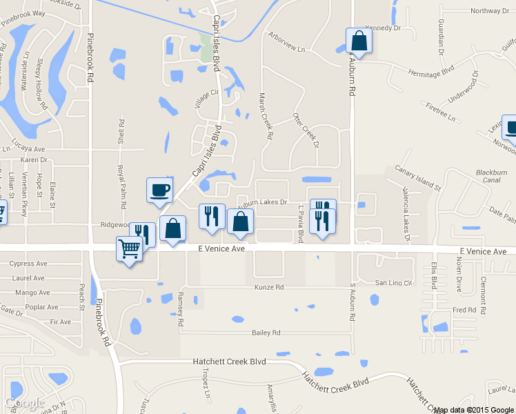 map of restaurants, bars, coffee shops, grocery stores, and more near 300 Vista Del Lago Way in Venice