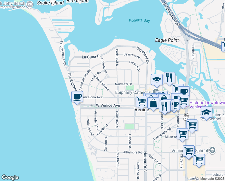 map of restaurants, bars, coffee shops, grocery stores, and more near 608 Madrid Avenue in Venice