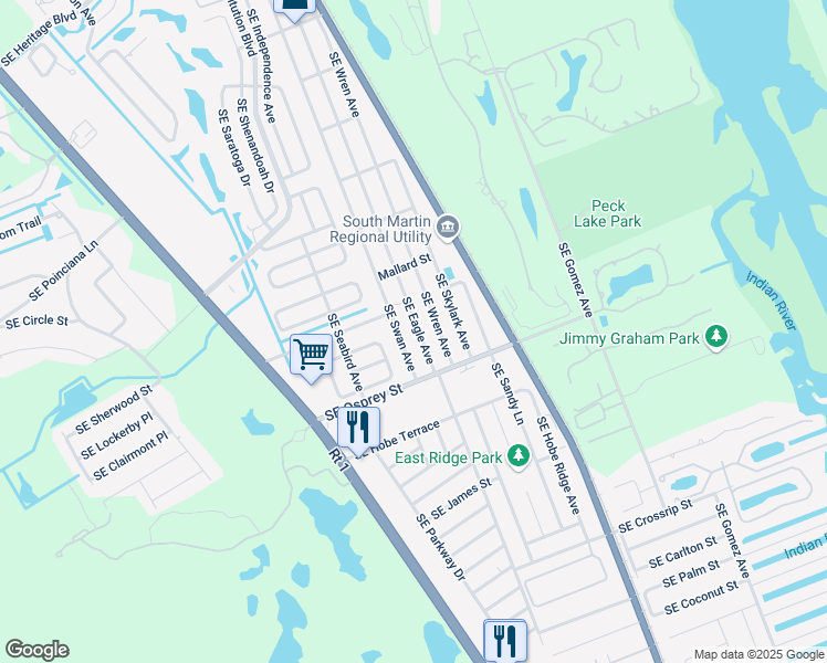 map of restaurants, bars, coffee shops, grocery stores, and more near 8400 Southeast Eagle Avenue in Hobe Sound