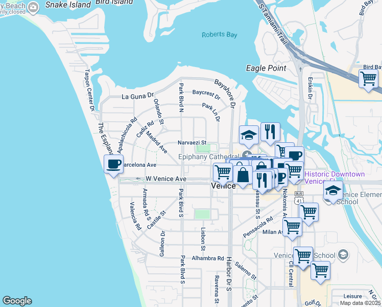 map of restaurants, bars, coffee shops, grocery stores, and more near 525 Manatee Court in Venice