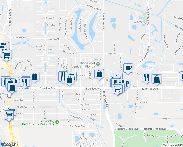 map of restaurants, bars, coffee shops, grocery stores, and more near 1020 Elaine Street in Venice