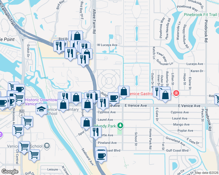 map of restaurants, bars, coffee shops, grocery stores, and more near 847 Allamanda Circle in Venice