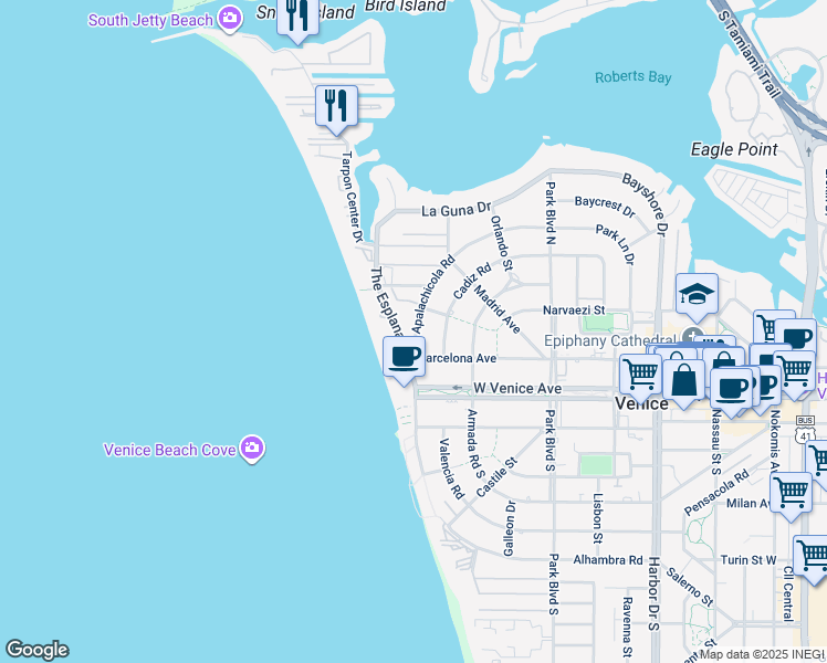 map of restaurants, bars, coffee shops, grocery stores, and more near 800 Apalachicola Road in Venice