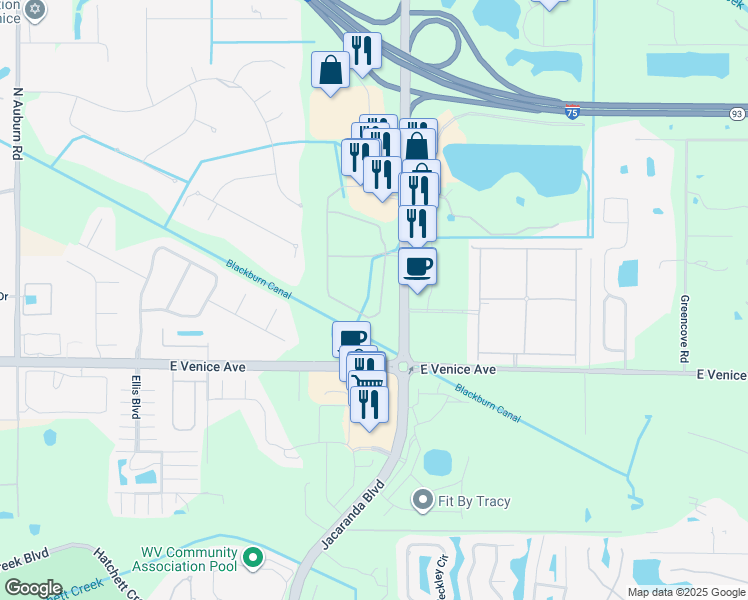 map of restaurants, bars, coffee shops, grocery stores, and more near 191 Grand Oak Circle in Venice
