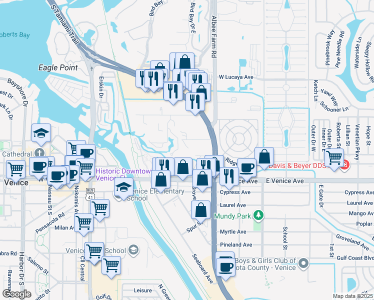 map of restaurants, bars, coffee shops, grocery stores, and more near 500 Hauser Lane in Venice