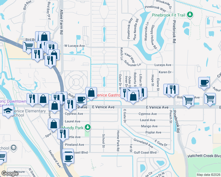 map of restaurants, bars, coffee shops, grocery stores, and more near 974 Cayman Avenue East in Venice