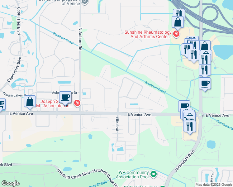 map of restaurants, bars, coffee shops, grocery stores, and more near 117 Cala Court in Venice