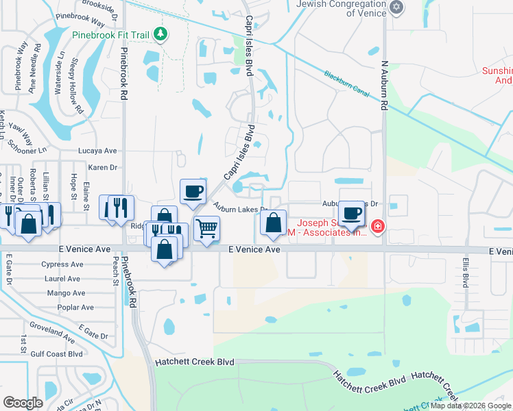 map of restaurants, bars, coffee shops, grocery stores, and more near 101 Auburn Cove Circle in Venice