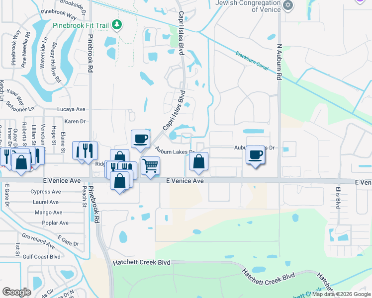 map of restaurants, bars, coffee shops, grocery stores, and more near 101 Auburn Cove Circle in Venice
