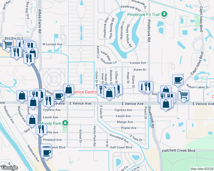 map of restaurants, bars, coffee shops, grocery stores, and more near 217 Outer Drive East in Venice