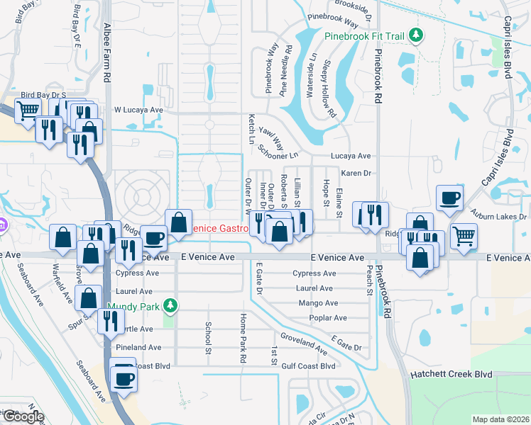 map of restaurants, bars, coffee shops, grocery stores, and more near 217 Outer Drive East in Venice