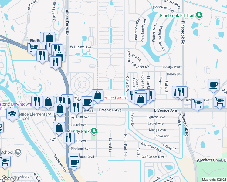 map of restaurants, bars, coffee shops, grocery stores, and more near 974 Cayman Avenue East in Venice