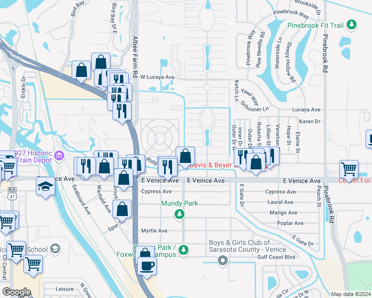 map of restaurants, bars, coffee shops, grocery stores, and more near 938 Cayman West in Venice