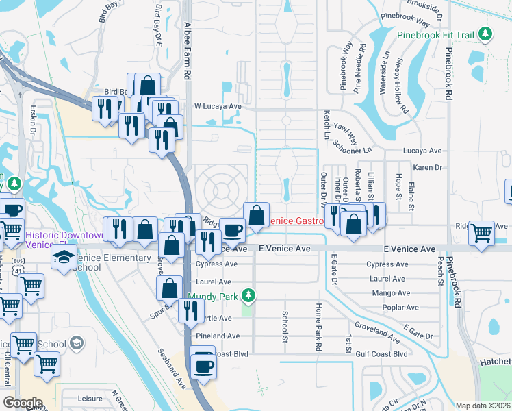 map of restaurants, bars, coffee shops, grocery stores, and more near 938 Cayman West in Venice