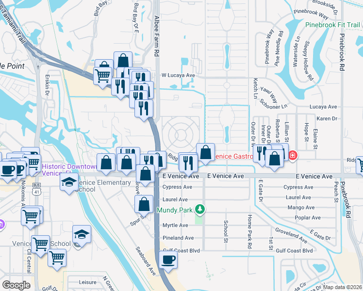 map of restaurants, bars, coffee shops, grocery stores, and more near 847 Allamanda Circle in Venice