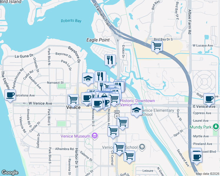 map of restaurants, bars, coffee shops, grocery stores, and more near 250 Nokomis Avenue North in Venice