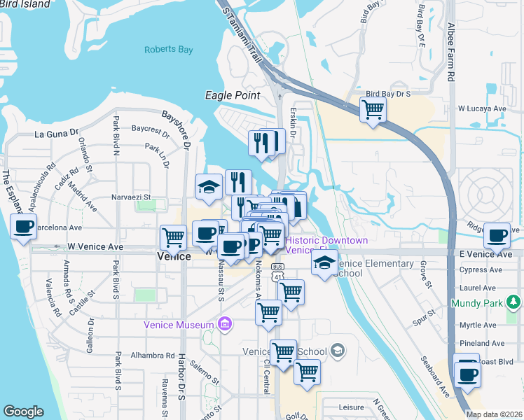 map of restaurants, bars, coffee shops, grocery stores, and more near 245 North Tamiami Trail in Venice