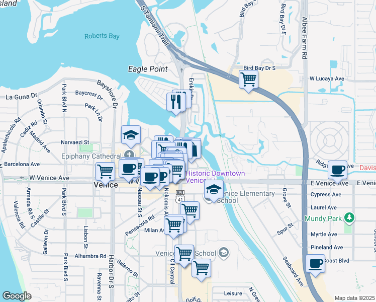 map of restaurants, bars, coffee shops, grocery stores, and more near 147 Tampa Avenue East in Venice