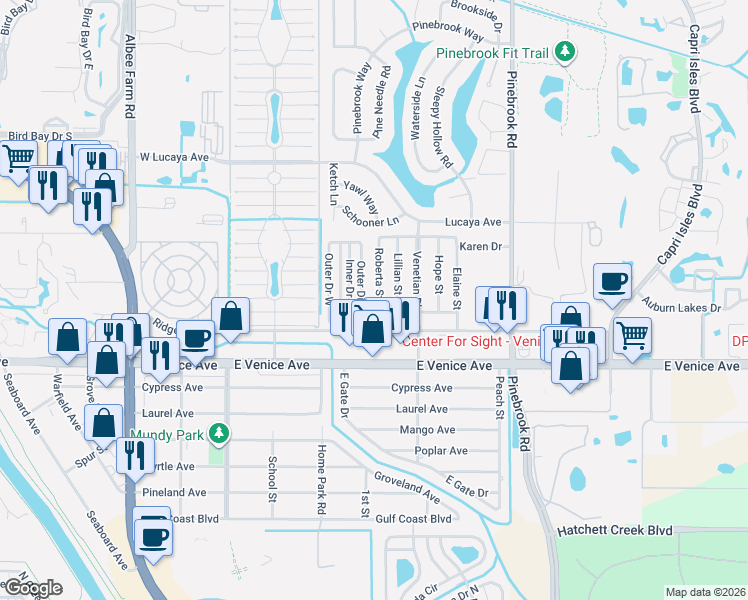 map of restaurants, bars, coffee shops, grocery stores, and more near 217 Outer Drive East in Venice