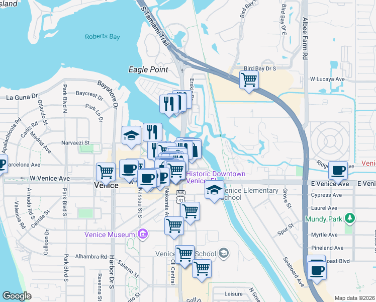 map of restaurants, bars, coffee shops, grocery stores, and more near 147 Tampa Avenue East in Venice