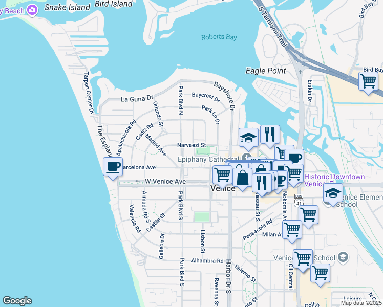 map of restaurants, bars, coffee shops, grocery stores, and more near 525 Manatee Court in Venice