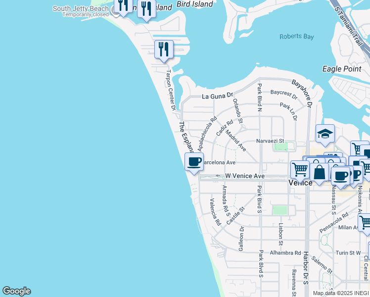 map of restaurants, bars, coffee shops, grocery stores, and more near 333 The Esplanade North in Venice