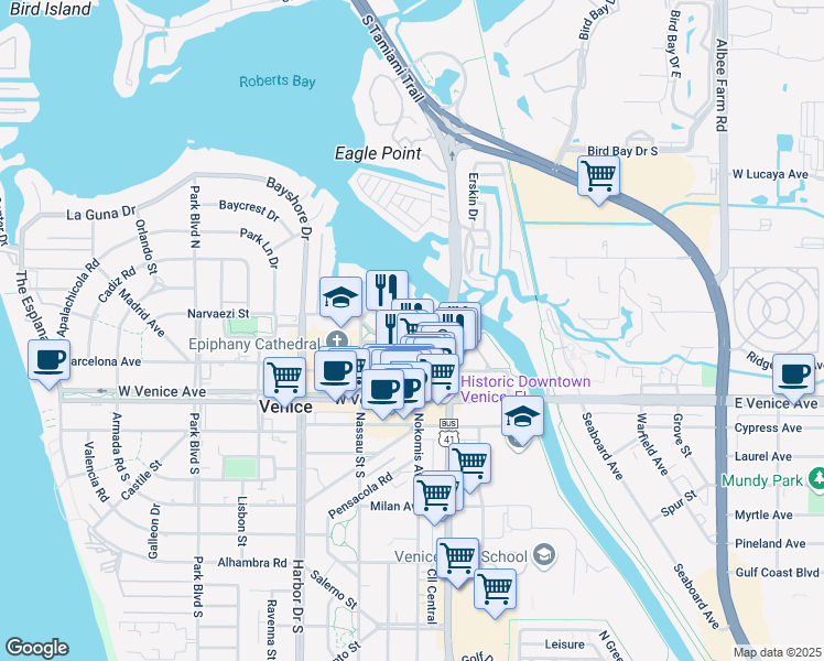 map of restaurants, bars, coffee shops, grocery stores, and more near 201-399 Santa Maria Street in Venice