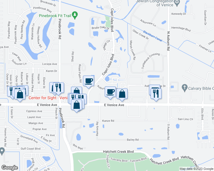 map of restaurants, bars, coffee shops, grocery stores, and more near 1401 Gondola Park Drive in Venice
