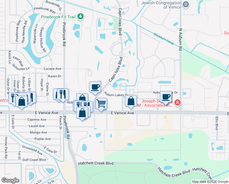 map of restaurants, bars, coffee shops, grocery stores, and more near 1715 Gondola Park Drive in Venice